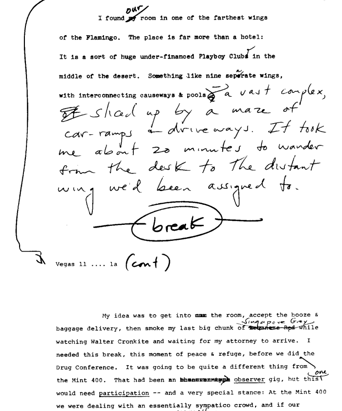 En side fra manuset til Hunter S. Thompsons Fear and Loathing in Las Vegas / Frykt og avsky i Las Vegas